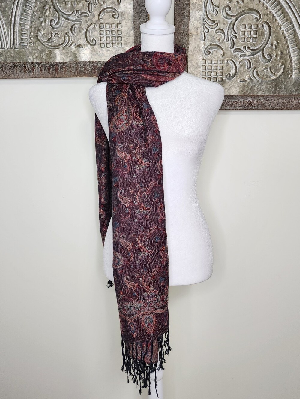 Luxurious Burgundy Paisley Fringe Scarf Old Money Heritage